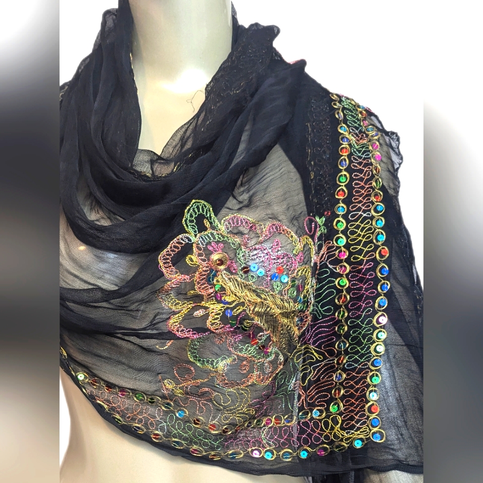 Bohemian Black Sheer Sequin Sparkle Scarf  Perfect To Change Looks